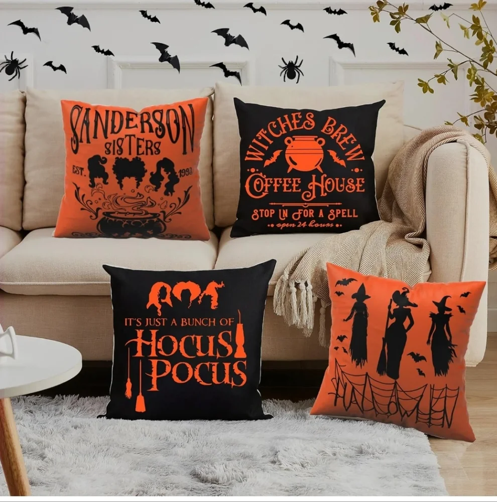 Halloween Pillow Covers Set - Witches Orange and Black Hocus Pocus Sanderson